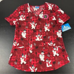Scrubstar Women's Frosty the Snowman Size Small Jolly Red Plaid Print Scrub Top